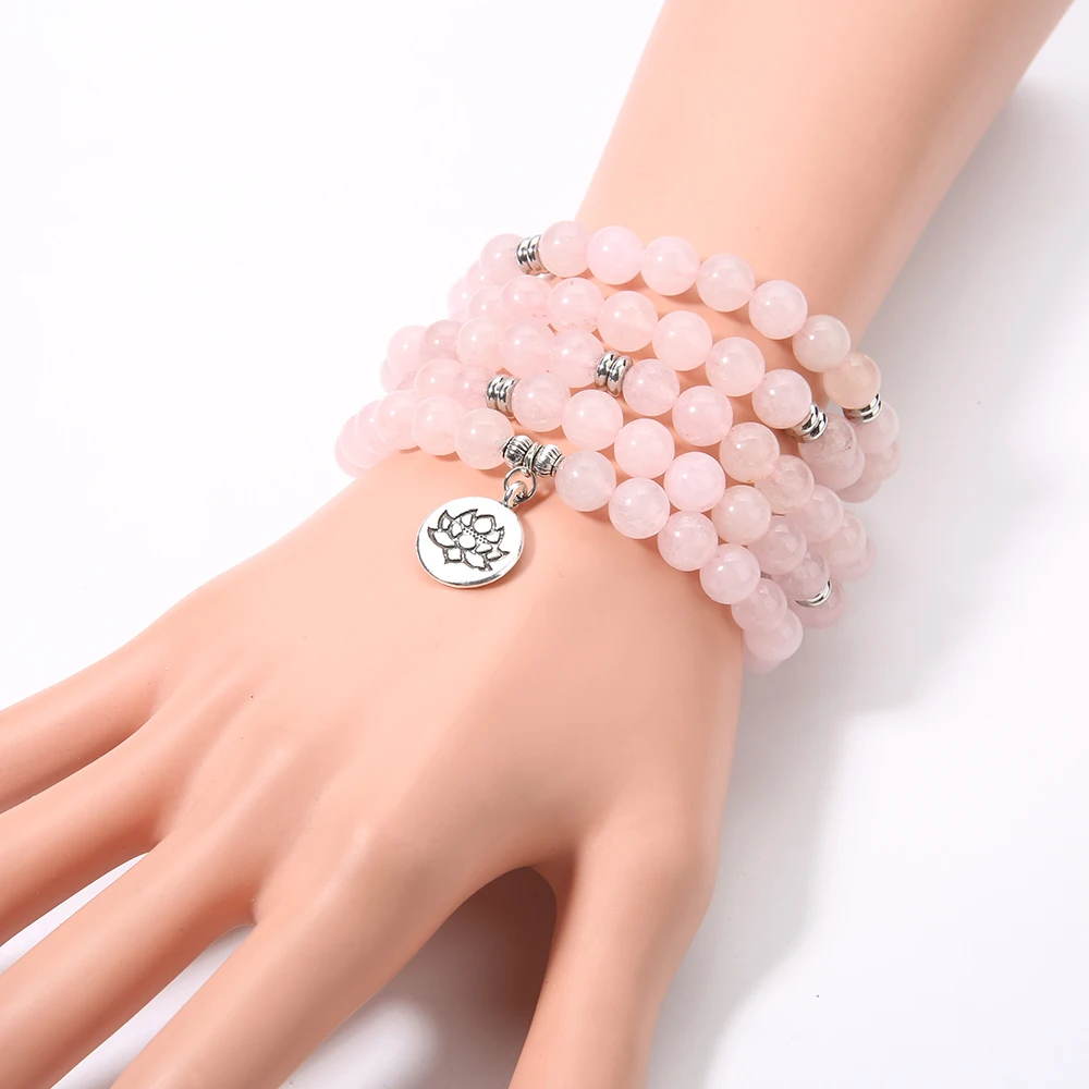 OAIITE 8mm Rose Quartz Natural Amazon Wrap Mala Bracelet Yoga Meditation Lotus Pendant Classic Charm Bracelet