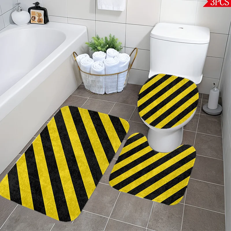 

3pc Modern Bath Set – Yellow/Black Stripes, Soft Non-Slip Mats Toilet Cover, Thick Cushion, Machine Washable, Full Bathroom Kit