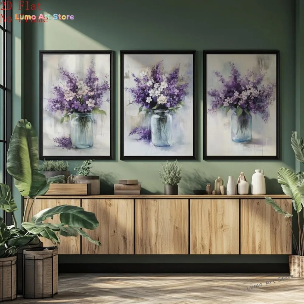 2D Flat, 2D Flat, 2D Flat Three-Piece Rural Lavender Watercolor Art Decorative Painting, Wall Art Canvas Print, Living Room H