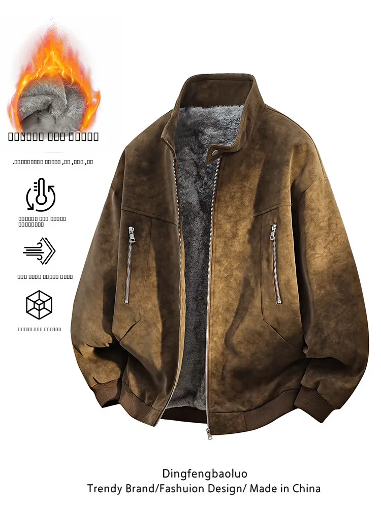 

Men's Suede Jaet Thiened Warm Stand Collar Casual Sle Autumn Winter Coat Polyester Fiber Long Sve Zipper Closure