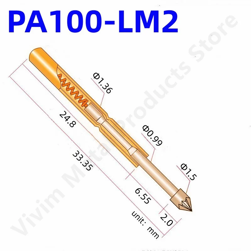 100PCS PA100-LM2 Spring Test Probe PA100-LM Test Pin P100-LM2 P100-LM 33.35mm Needle Dia 1.36mm Pogo Pin Gold Head Dia 1.50mm