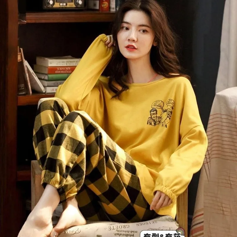 100% Double-sided Pure Cotton Pajamas for Women with Long Sleeves All Cotton Can Be Worn Out As A Casual Home Clothing Set