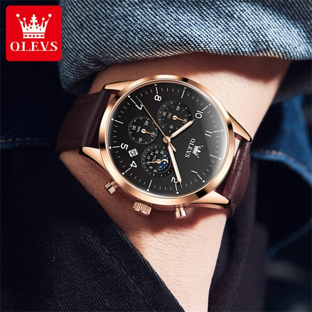 OLEVS-ساعة عمل كوارتز ، حزام ساعة جلد طبيعي ، ساعة كرونوغراف مستديرة ، تقويم ، 2882