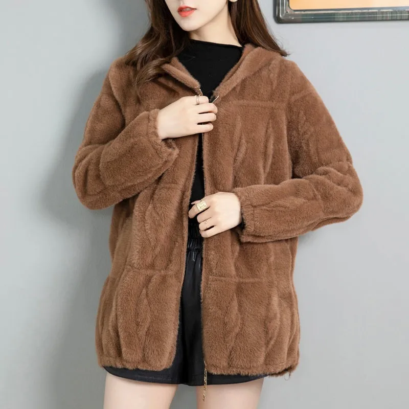 2023 neue Imitation Nerz Fleece Kapuze gestrickt Reiß verschluss Strickjacke Frauen Herbst Winter Mode Pullover Mantel