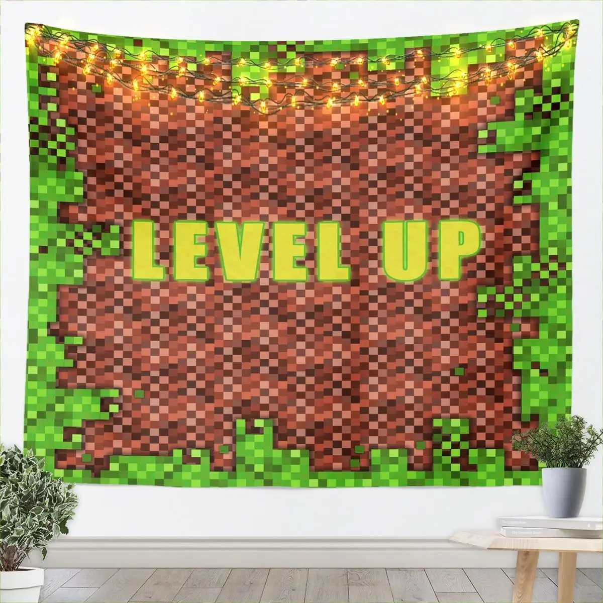 Pixel Bookshelf Tapestry, Retro Game Style Bookcase Print Large Wall Hanging for Bedroom Study Room Aesthetic Home Decor