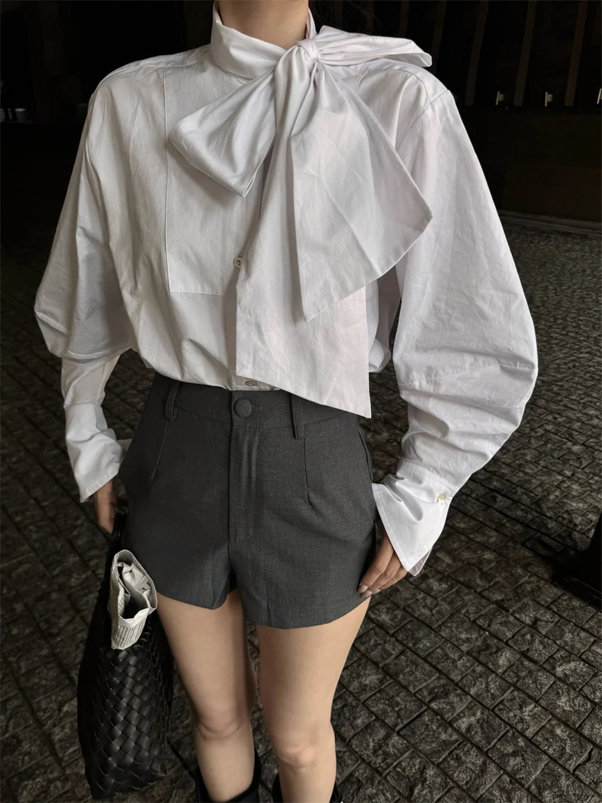 Alien Kitty Autumn Office Lady Shirts Women Chic Elegant Bow 2024 Daily Wide Leg Slim High Waist Street Wear Shorts Casual