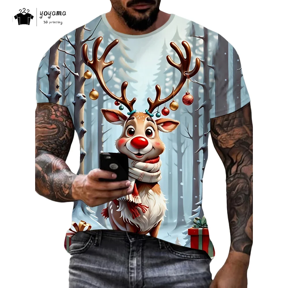 

Cartoon Christmas Elk Printed Men's T Shirt Casual O-neck Short Sleeve Tops New Year Party X'mas Clothing Fashion Loose Men Tees