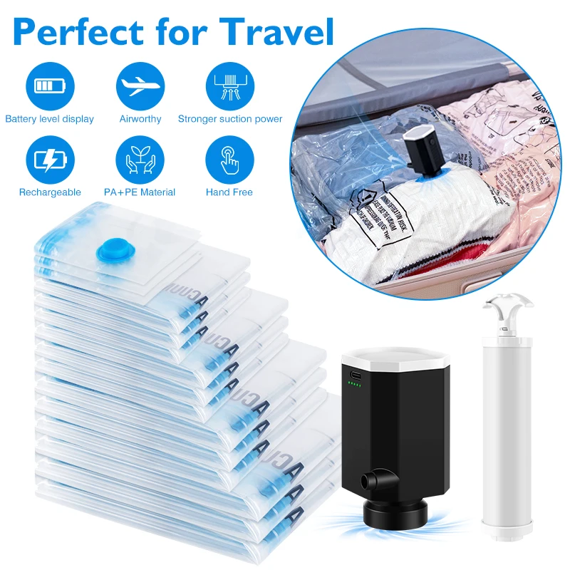 

8-18Pcs Travel Vacuum Storage Bags,Cordless Electric Powerful Vacuum Pump Compressed Bag,Space Saver Bag for Clothes Blanket