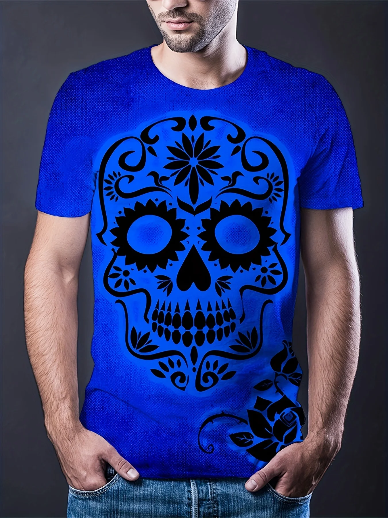 

Мужская футболка с принтом головы черепа синего цвета, новинка 2024