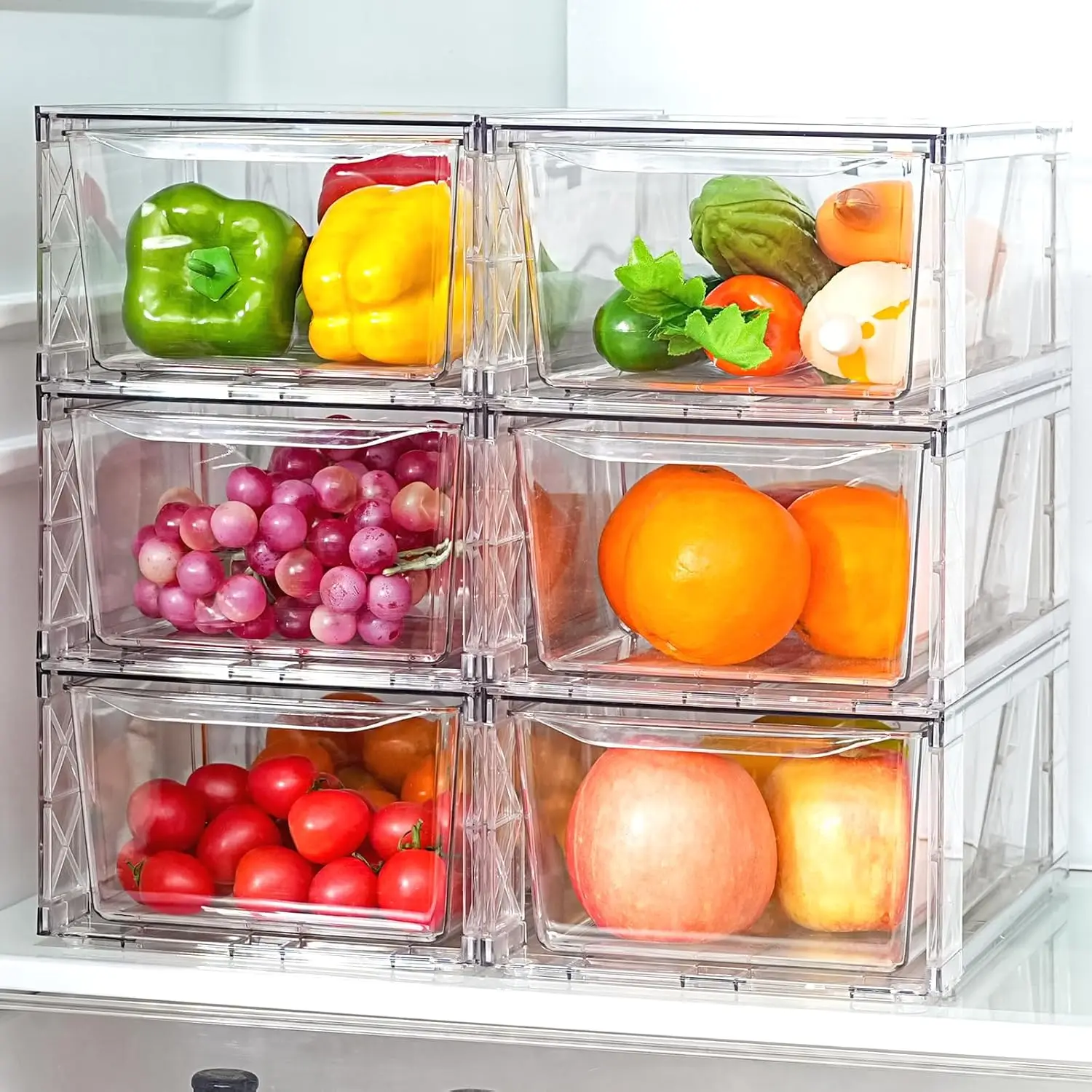

6Pack Clear Stackable Kitchen Storage Organizers with Handles, Heavy-Duty Pantry Bins for Cabinet, Refrigerator, Bathroom, Easy