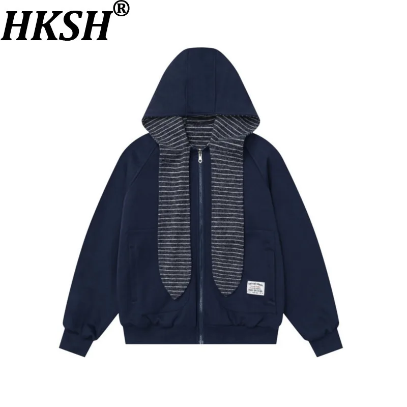 

HKSH Men Tide Reversible Striped Hooded Sweatshirt Jacket Autumn Winter New Vibe Trend Brand American Casual Hoodie Top HK178322