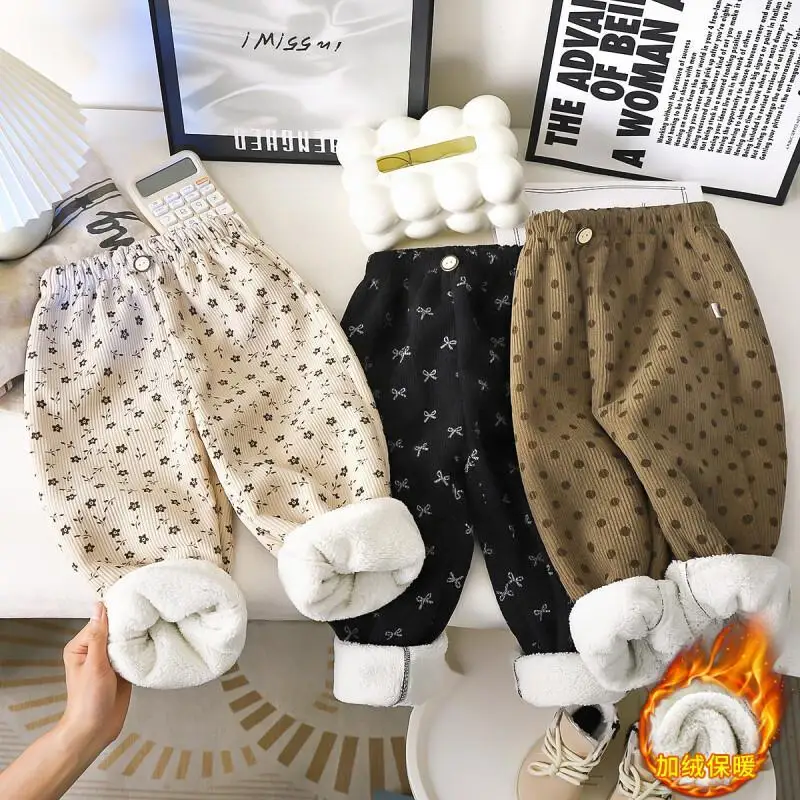 

Kids Padded Pants Thick Plush Winter Warm Floral Polka Dot Print Sports Trousers for Girls Boys Baby Casual Bottoms