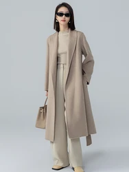 Green Fruit Collar Long and Simple Women's Coat Autumn and Winter New 35%Camel Wool Woolen Wool Coat Commuter's All-Matching Top