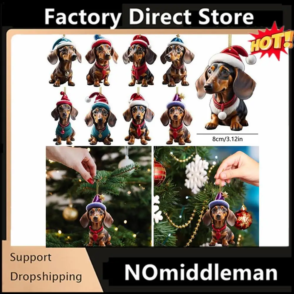 2D Cartoon Cute Dog Christmas Ornaments Fun Dachshund Dog Hanging Decoration Xmas Tree Graphic Design Pendant Home Car Decor