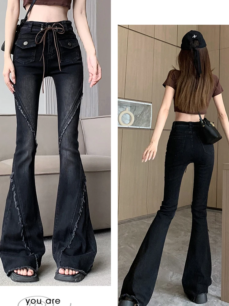 High-Quality Vintage Raw Lace Micro Flare Jeans Women\'S High Waist Elastic Trousers Korean Fashion Women Clothing