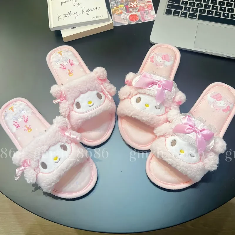 

Kawaii My Sweet Piano Home Slippers Women's Pink Plush Open Toe Slippers Comfortable Cozy Indoor Footwear for Bedroom Flat