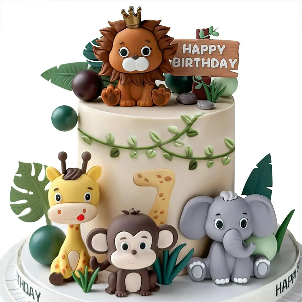 Kuchenaufsatz mit Safari-Tieren, grüne Blätter, Dschungeltiere, alles Gute zum Geburtstag, Kuchenaufsatz für Wild One, Geburtstag, Babyparty, Kuchendekoration – Detail 2