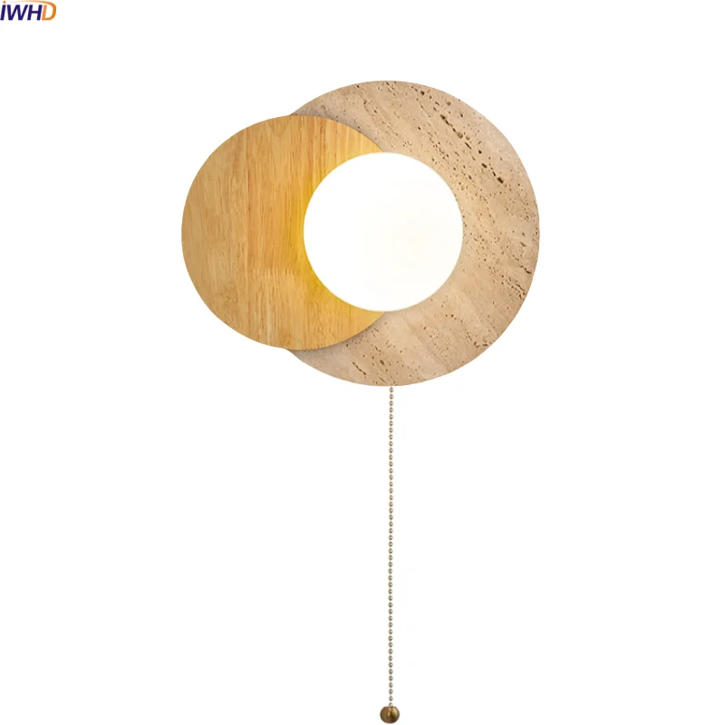 

IWHD Pull Chain Switch LED Wall Light White Glass Wood Yellow Travertine Japan Style Living Room Bedroom Bedside Lamp Wandlamp