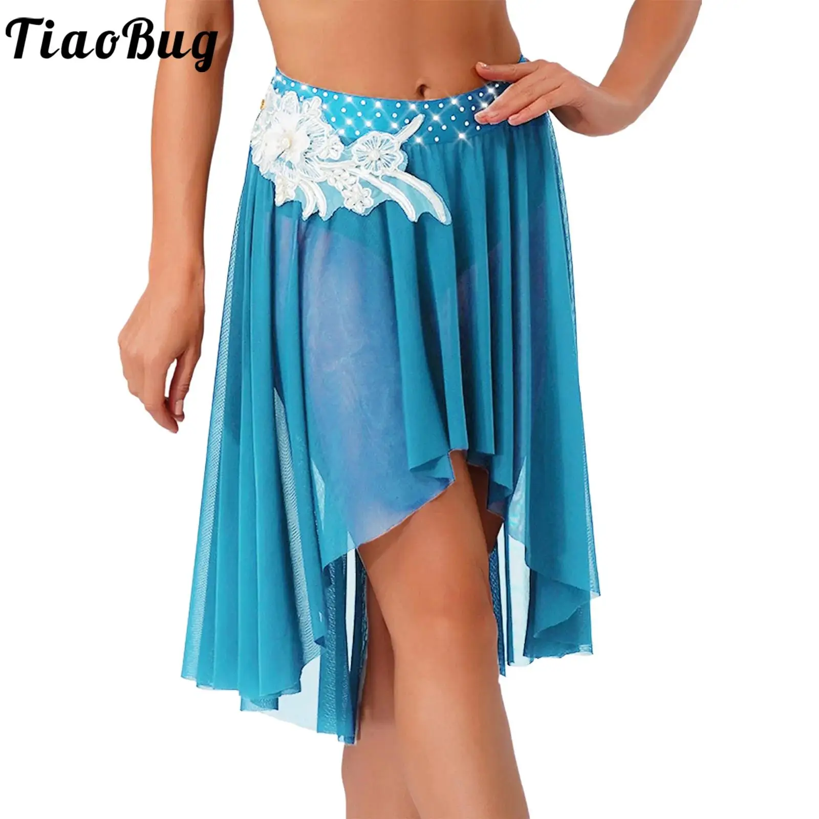 Women Waltz Lyrical Dance Skirts Classical Dance Skating Ballet Embroidery Applique Irregular Mesh Hem Brief Skirt Dancewear