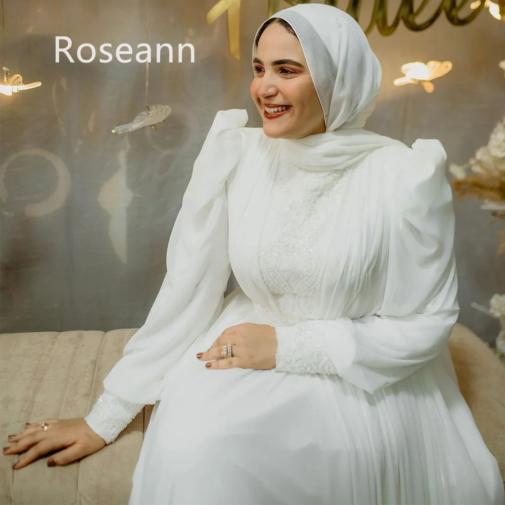 Muslimische hochwertige Elfenbein A-Linie Brautkleider hoher Kragen drapierte Falten applikation Brautkleid boden lange Robe de Mariée