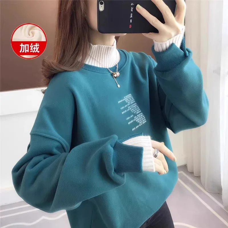 Sportshirt Fake Two-Piece Plush Thicken Women's Hoodie Oversized Women's Sportshirt 2024 New Autumn Winter Popular Chubby MM Top