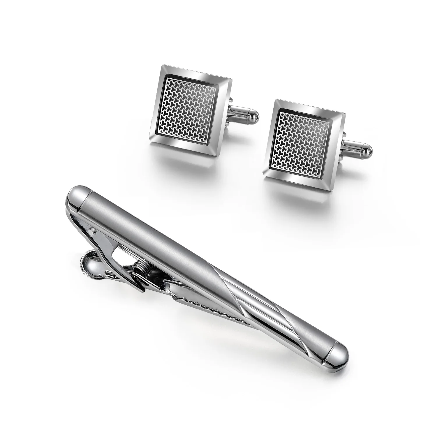 Ensemble de boutons de manchette et pince à cravate carrés pour homme, en cuivre argenté, pour chemise, cadeau pour invités de mariage, bijoux