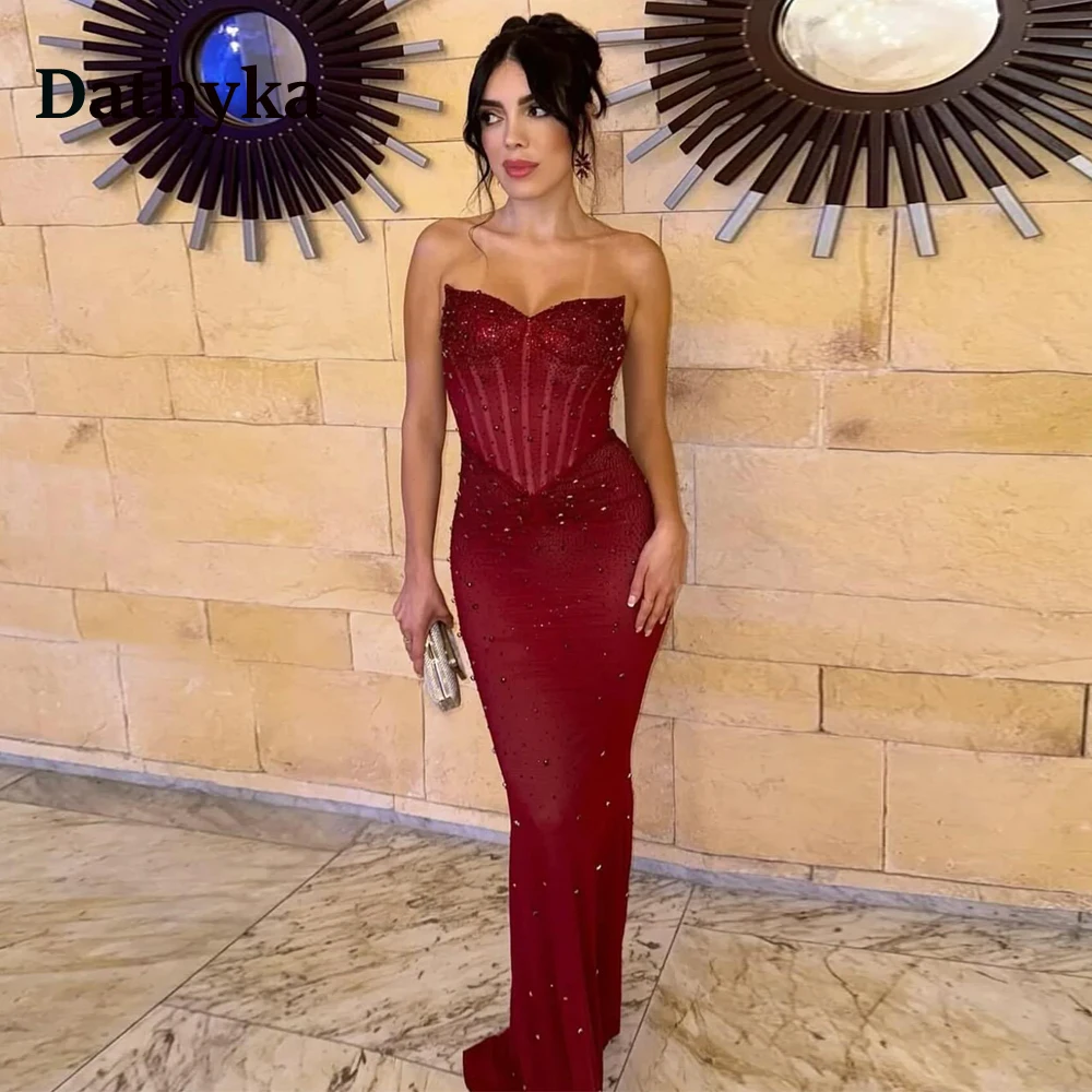 Dathyka Red Mermaid Rhinestones Evening Dresses Prom Dress Halter Neck Floor-Length  Luxury Sleeveless Vestidos Customized