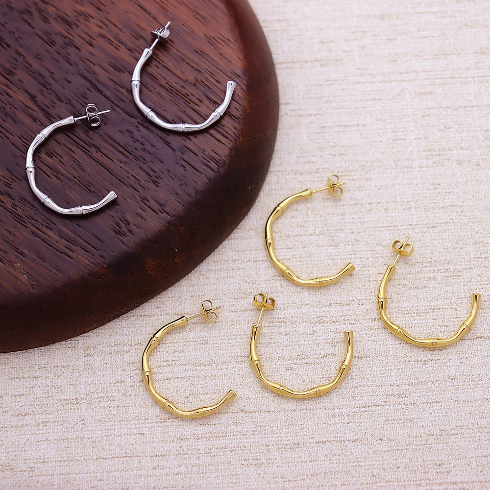 14K gold plated simple large round C-shaped bamboo earrings new Korean design fashion jewelry elegant women's party accessories