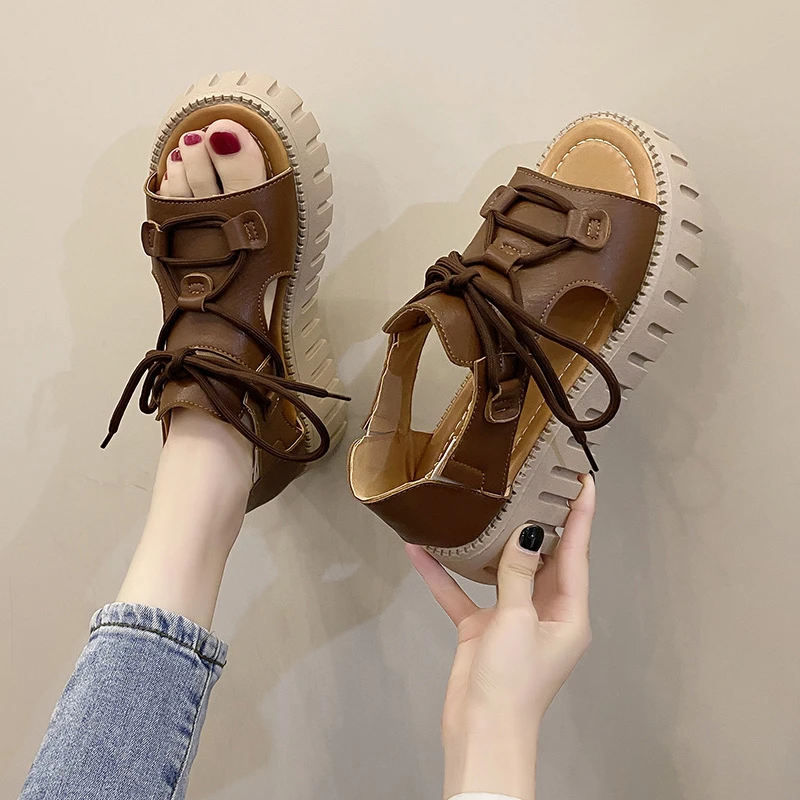 Schoenen Dames 2024 Nieuwe Veters Damessandalen Zomer Rome Open Teen Effen Platform Casual Comfortabele Sandalen Zapatos Mujer