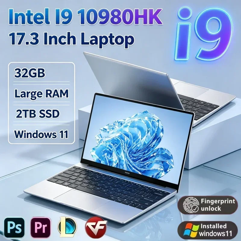 New Arrival 17.3'' Portable Laptop Intel Core I9‑10980HK 32GB RAM 2TB SSD Win11 Fingerprint Unlock Business Gaming Notebook