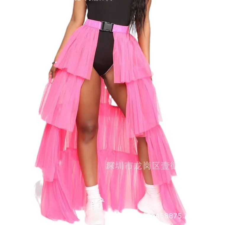 Hot Pink Multi Layer Tulle Maxi Skirt Buckle Waist High Split Asymmetrical Mesh Tutu Long Skirt Rave Festival Bottoms ARD8