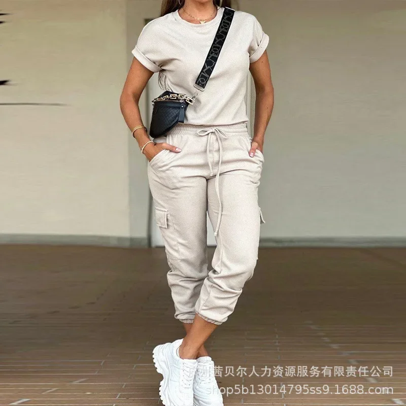 Women\'s Clothing Solid Color Round Neck Short Sleeve T Shirt Top Multi-Pocket Cargo Pants Clothes Set