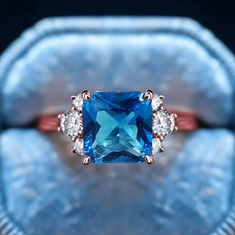 Huitan Eleganter Damenring für Hochzeit, Verlobung, luxuriös, mit hellblauem CZ-Stein, Party-Accessoires, zarter Damenschmuck, Geschenk – Detail 32
