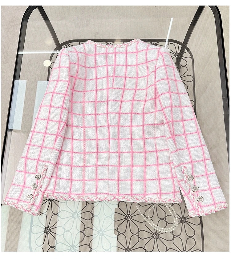 Brand New Spring Autumn Chic Women High Quality Pink Plaid Tweed Jackets  O-neck Elegant Coat +Wide-leg Short Pants C335