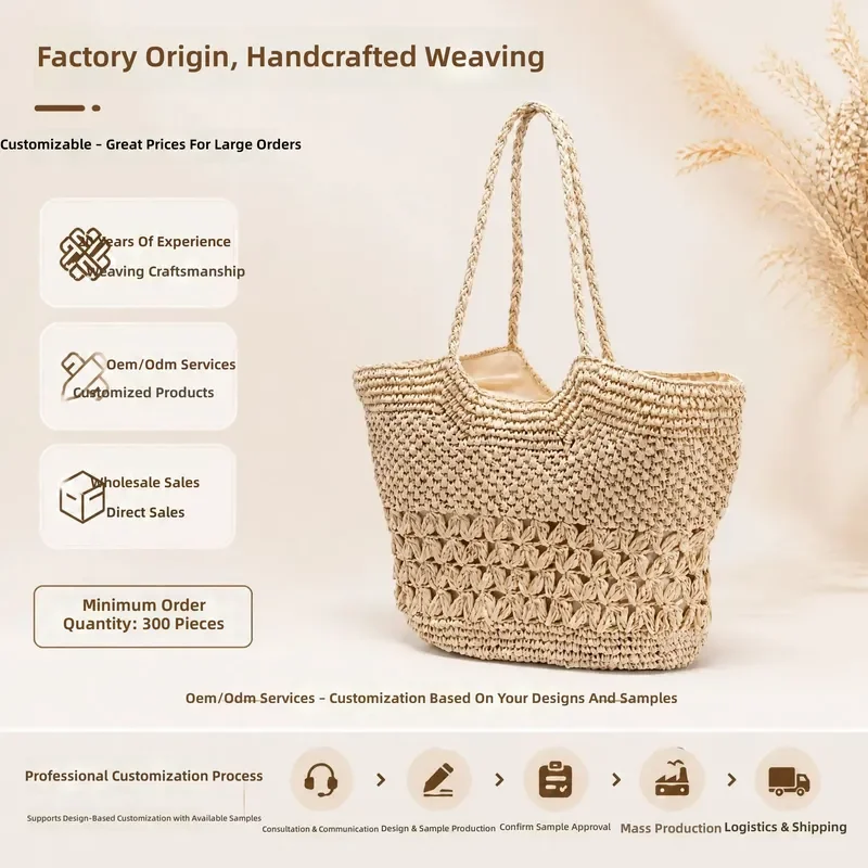 Hollow Woven Paper Rope Straw Tote Bag Handmade Seaside Style Large Capacity Shoulder Bag for Women Beach Holiday Travel view 2