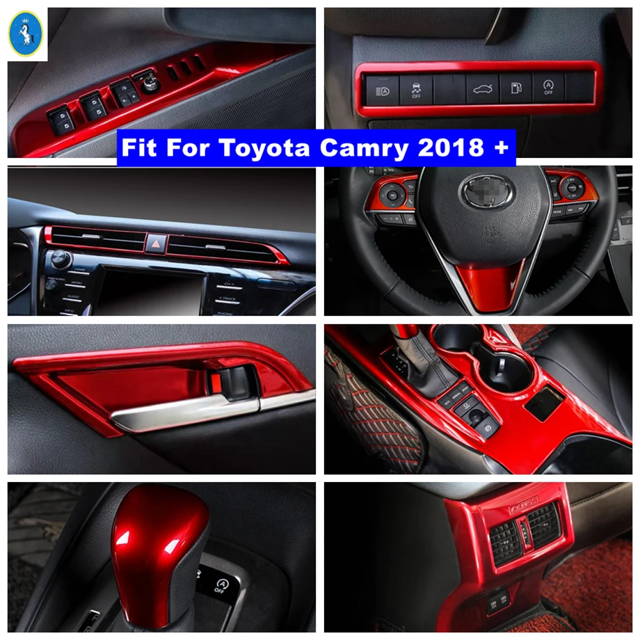 Car Gear Head Air AC Glass Door Handle Bowl Lift Button Light Control Panel Cover Trim For Toyota Camry 2018 - 2023 Red Interior