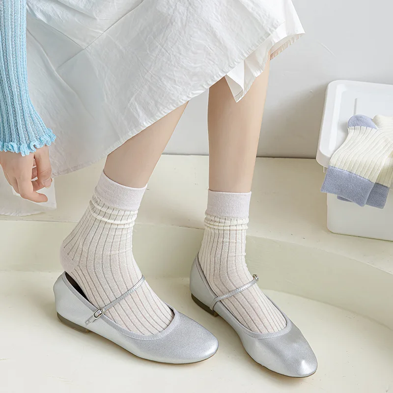 3 Pairs Girls Mid-tube Socks Summer Thin Breathable Solid Color Cotton Japanese Women's Cream Style