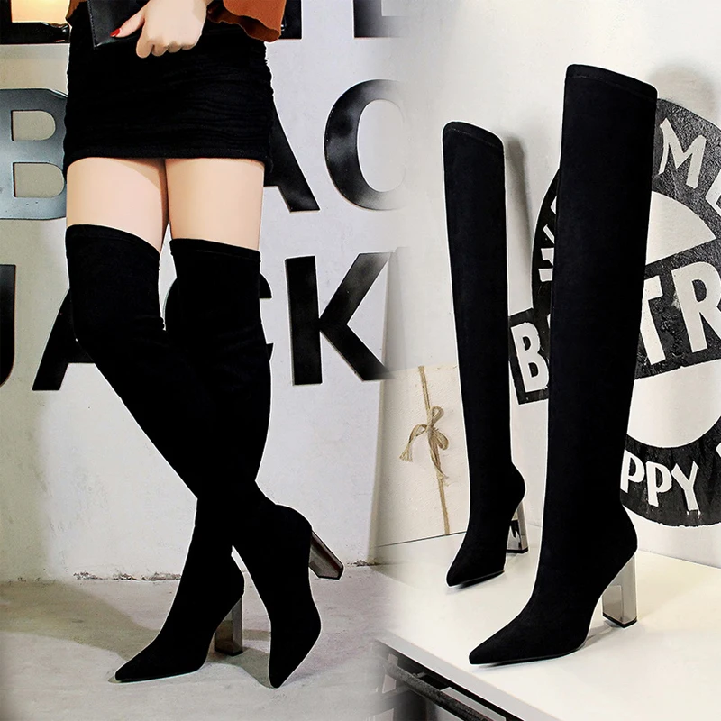 BIGTREE Shoes Women Sexy Over The Knee Boots Pointed Top Stretch Boots Thick Heel High Boots Black Long Boots Autumn Winter Shoe