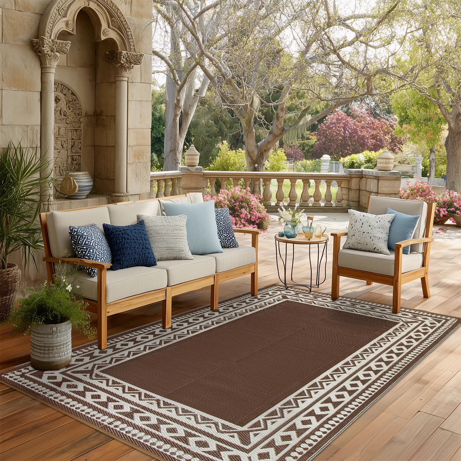 

Outdoor Rug 5x8 and 9x12 feet Patio Waterproof Large Outdoor Plastic Straw Rug Reversible Out Door Carpet for Camping Deck Area Carpet for Balcony Porch Backyard White and Brown