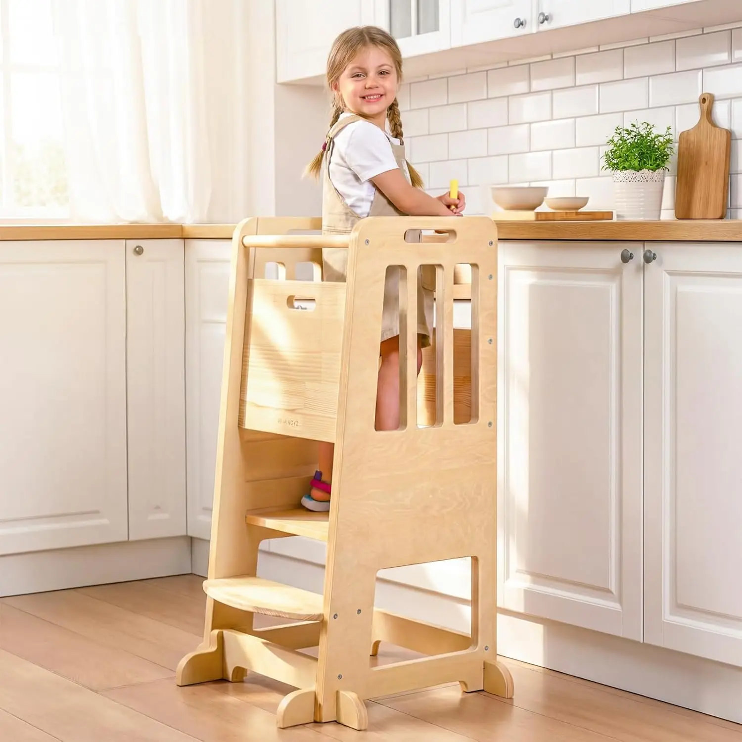 

Toddler Tower - Anti-Tip Natural Wood Learning Stool Helper for Kids 18M-6Y, 150lb Capacity Kitchen Stool with 3-Height Adjustab