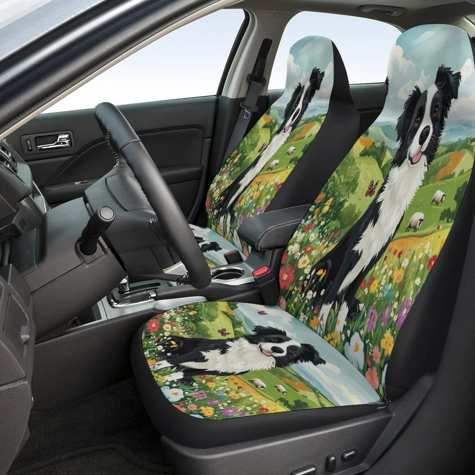 Border Collie In Spring Meadow Themed Car Seat Cover Set - Vibrant Polyester, Universal Fit For Most Cars, Machine Washable, 2 F