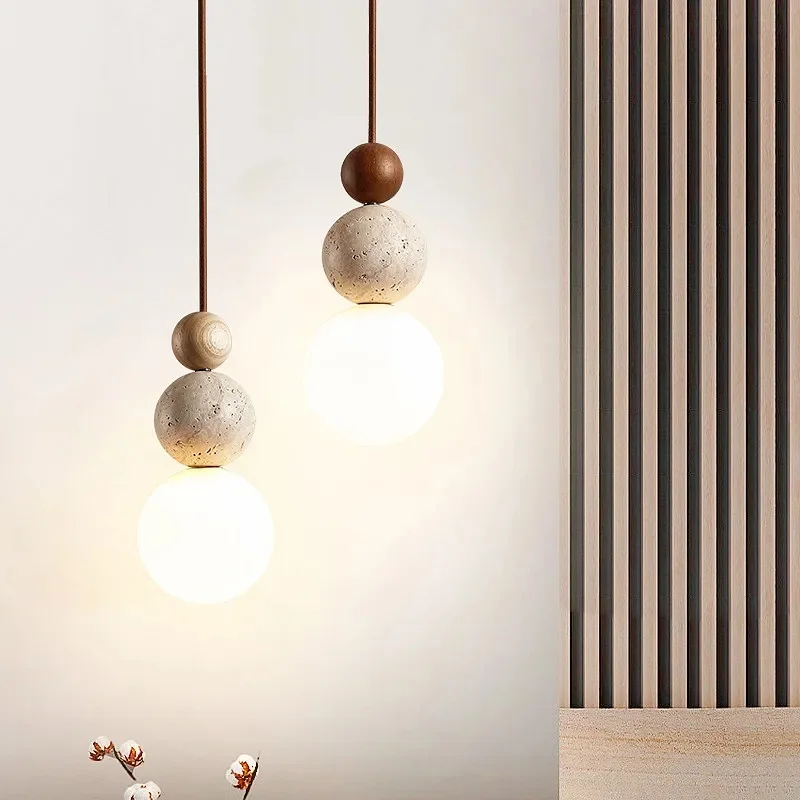 Travertine Wood Ball Pendant Light White Glass Globe Hanging Lamp Minimalist Bedside Dining Table Kitchen Island Decor Lighting