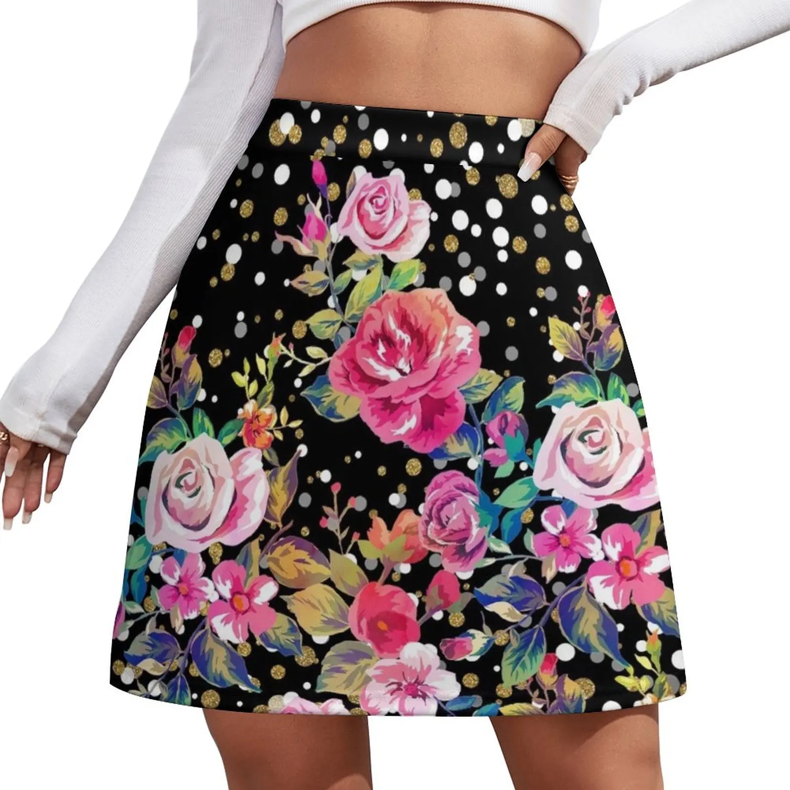 

Modern watercolor spring floral and gold dots pattern Mini Skirt School skirt luxury designer clothing women mini skirt