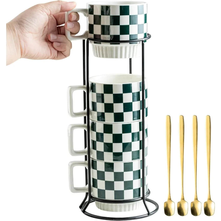 

Stackable Coffee Mugs with Stand Checkered Coffee Mug Set of 4 11oz Espresso Cups for Beverages Stacked Mug Set with Spoons for