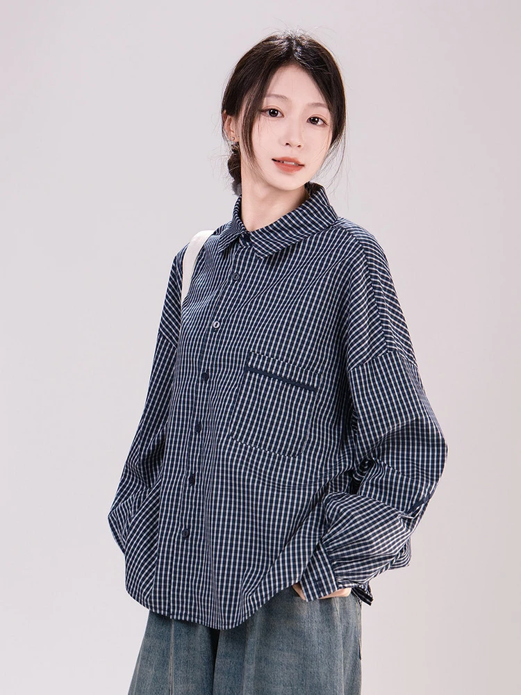 

Свободная женская рубашка с длинным рукавом, авторский дизайн, винтажный стиль, с карманом на пуговицах, из смесового хлопка и полиэстера с эластаном, стандартная длина