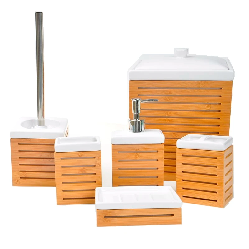 

Household Products Natural Bamboo and Wood 6-piece Ceramic Bathroom Accessories Home Decoration Set