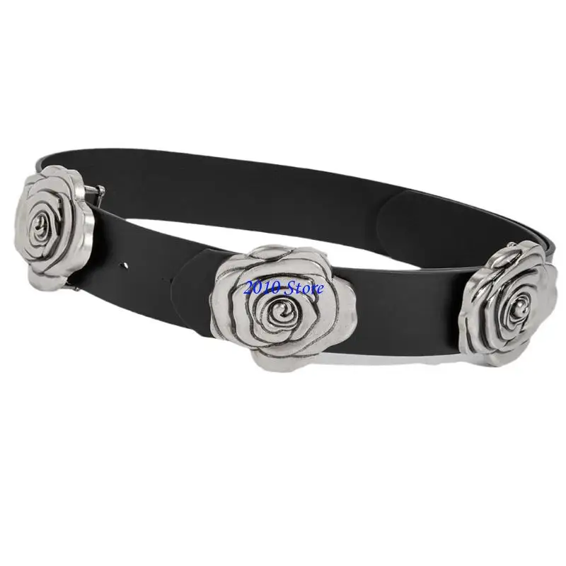 F3MF حزام ريترو قابل للتعديل للنساء مزين بأبازيم وردية واسعة من جلد البولي يوريثان حزام الخصر فساتين إكسسوار عصري #1