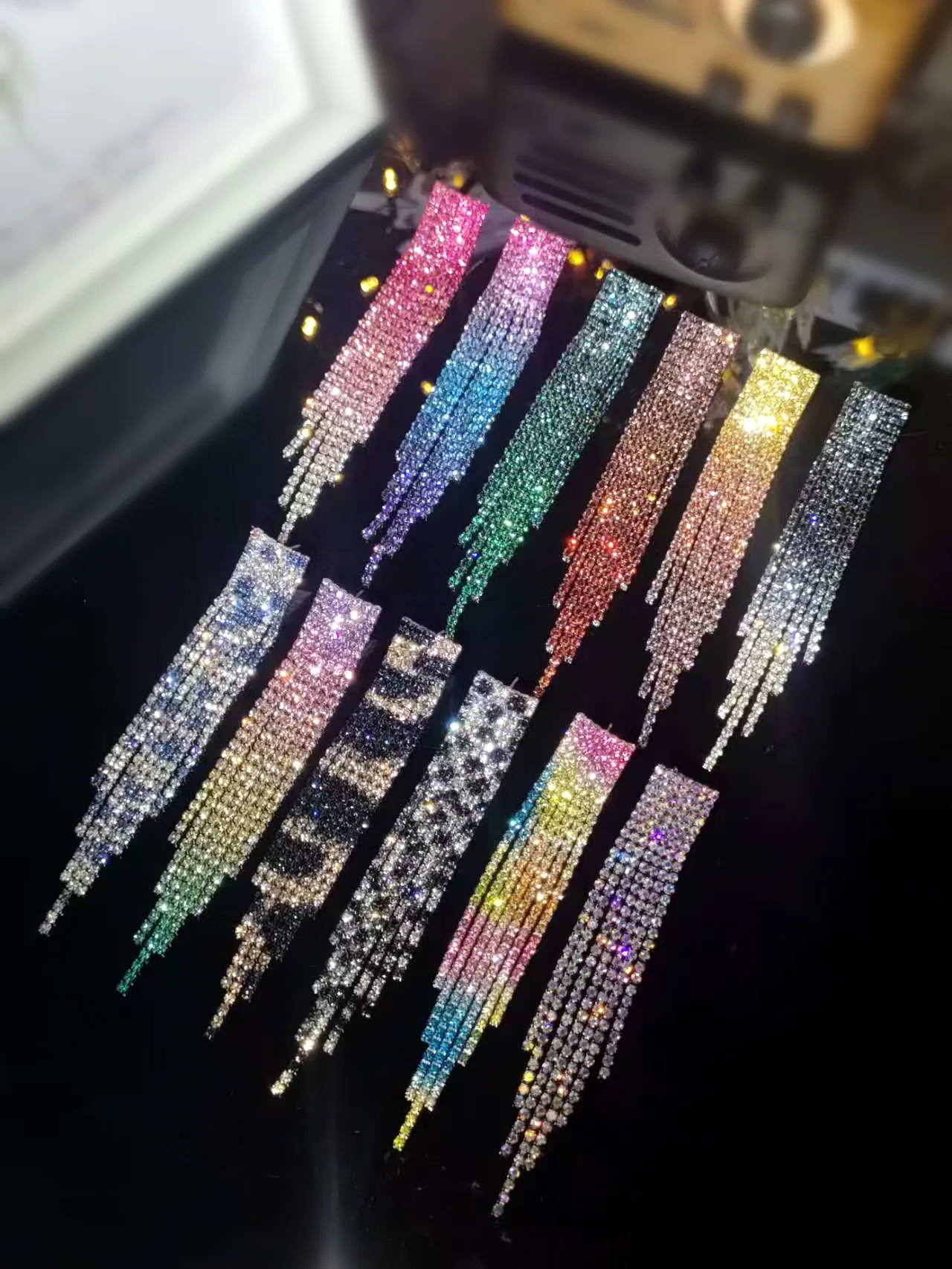 MYYA Rhinestone Sparkling Dangling Earrings Long Tassel Earrings Jewelry For Women Gradient Chandelier Earrings