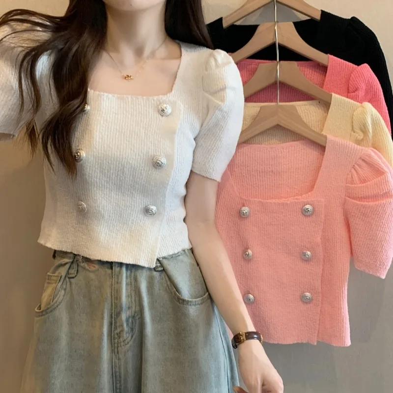 Women New Office Square Neck Double-breasted Cardigan Solid Slim Short Sleeved Knit Shirt Summer All-match Worn Outside Crop Top