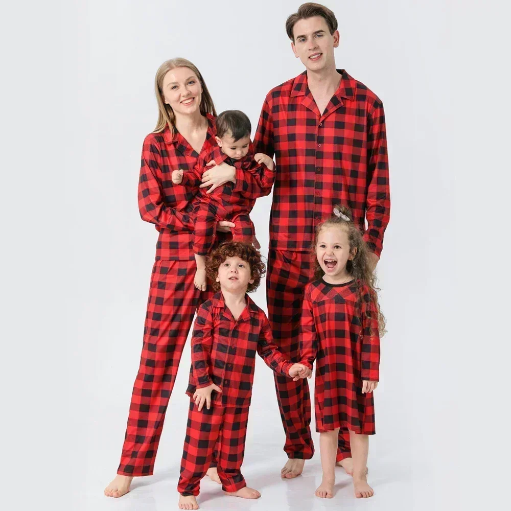 

2026 New Matching Christmas Outfits for Family Plaid Print Button Pajamas Set Baby Dog Romper Long Sleeve Homewear Xmas Look